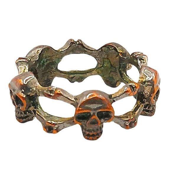 Silver Plated Gold Skull & Crossbones Band Ring 6.75 Unisex Rustic Gothic Biker - Picture 6 of 7